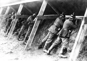 Spiked Helmets Prints: World War I German soldiers in their protected trenches on the Belgian frontier
