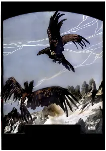 Images Dated 26th December 2007: World War I, Italian eagle attacking double-headed Austrian imperial eagle in mid-air over mountains