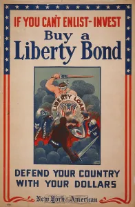 Support Prints: World War I, Poster showing figure America with shield Liberty Loan fighting against Devastation