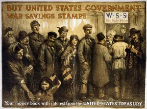 Images Dated 11th December 2008: World War I, Poster showing a variety of people lined up at a window tended by Uncle Sam