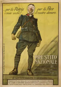 Blind Prints: World War I, Poster shows a wounded Italian soldier with blood stained bandages wrapped around his eyes