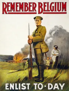 Recruitment Prints: WORLD WAR I, recruitment poster poster showing a soldier standing defiant as a woman and child flee a burning village