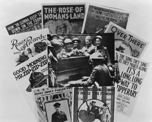 Sheet Music Prints: World War I soldiers gathered around a piano