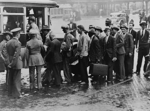 Buses Prints: World War I veterans boarding a bus taking them from New York City's Battery to Fort Slocum