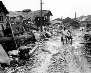 Suburban Prints: World War II, Atomic bombing aftermath in suburb four miles outside of center of Nagasaki
