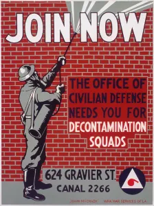 Brick Wall Prints: World War II. Join now The office of civilian defense needs you for decontamination squads Color poster