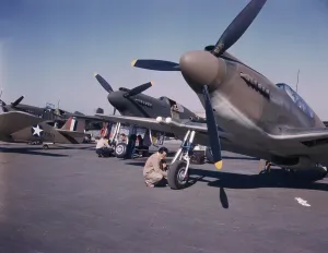 Wheel Prints: World War II, P-51 mustang fighter planes being prepared for test flight at the field of the North American Aviation