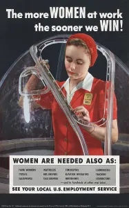 Badge Prints: World War II, poster depicting a woman working in an airplane factory