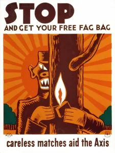 Warning Prints: World War II, Poster encouraging use of fag bag for disposal of matches