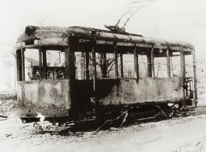 Nippon Prints: World War II. Ruined tram by an atomic bombing in Hiroshima (6th August 1945)