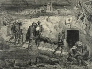 Medical Care Prints: Wounded American soldiers entering an aid station in France during WW1