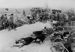 Ambulance Prints: Wounded British soldiers on the battlefield near Ginchy