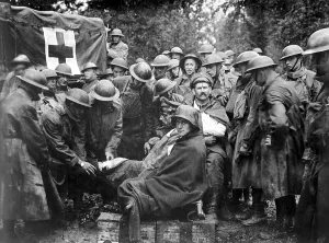 December Prints: Wounded German prisoners receiving medical attention at first-aid station of 103rd and 104th Ambulance Companies