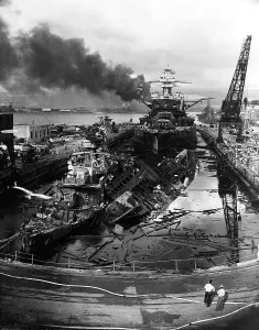 Hawaii Prints: The wreckage of the destroyers USS Downes (left) and USS Cassin at Pearl Harbor dry dock