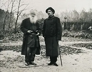 Leo 1828 1910 Prints: The writers Lev Tolstoy (left and Maxim Gorky) at Tolstoy's rural house in Ysnaya Poliana (1908)