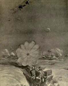 Parachutes Prints: WW1 British airplanes dropped ammunition by parachutes to isolated front lines