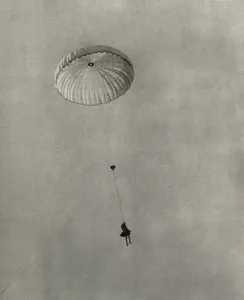 Parachutes Prints: WW1 British observer escaping from his shot down balloon by parachute