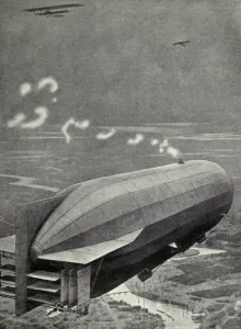 Aerial Bombing Prints: WW1 German Zeppelins mounted guns atop their body to defend against airplanes. 1915