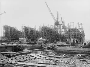 Manufacturing Prints: After WW1 was over, four ship hulls are still under construction at the Virginia Shipbuilding Corporation