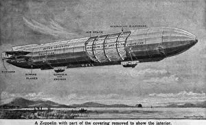 Aerial Bombing Prints: A WW1 Zeppelin with part of the covering removed to show the interior. 1914-18