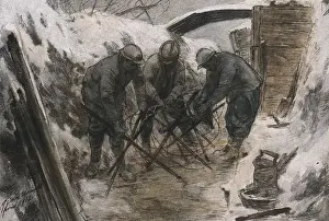 Military Dress Prints: WWI. Western Front. Construction of barbed wire in French trenches