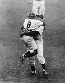 Pitcher Prints: Yogi Berra and Don Larsen celebrate the Yankee pitcher's perfect World Series game