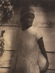 Shadows Prints: Young African American girl holding bag in sensitive portrait by Doris Ullman