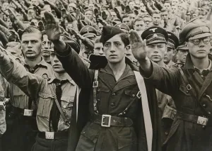 Right Wing Prints: Young Falangist from Spain salutes with Germans at the Nazi Party Congress at Nuremberg