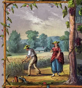Advertisement Prints: A young farm couple reap crops. 1873