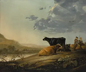 1650s Prints: YOUNG HERDSMEN WITH COWS, by Aelbert Cuyp, 1655-60, Dutch painting, oil on canvas