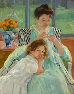 Sewing Prints: Young Mother Sewing, by Mary Cassatt, 1900, French impressionist painting, oil on canvas