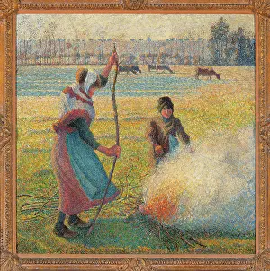 Square Image Prints: Young Peasants Feeding a Fire, by Camille Pissarro