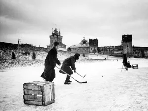 Moscow Prints: Young Russians playing hockey on a frozen pond
