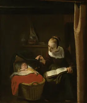 1650s Prints: Young Woman at a Cradle, by Nicolaes Maes, 1652 - 1662, Dutch painting, oil on canvas