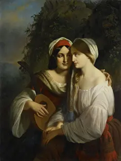 Long Prints: Two Young Women in Italian Costume, by Moritz Calisch, 1851, Dutch painting, oil on canvas