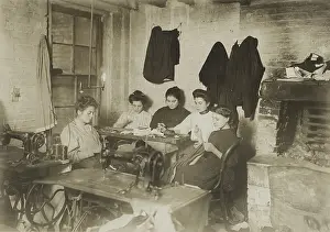 Sewing Prints: Four young women sewing in a New York City sweatshop
