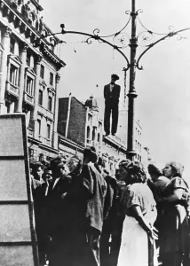 Terror Prints: Yugoslavian partisan hanging from a lamp post on Milan St