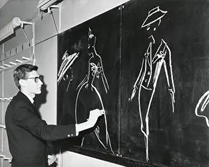 Sketching Prints: Yves Saint Laurent sketching designs for Christian Dior 1958 fashion line in Paris
