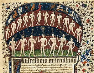 Healthiness Prints: Zodiac Signs and group of men. Illustration on Folio 1 of medical treatise 'Fisiognomonia'
